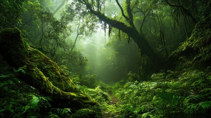 Tropical rainforest with trees and moss 