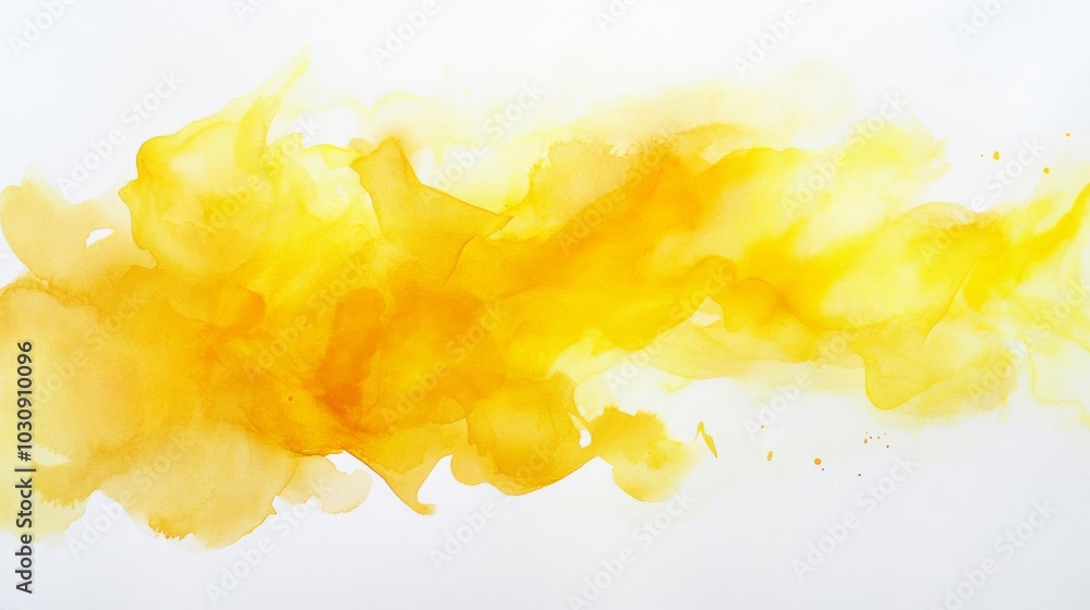 Poster vibrant yellow watercolor paint flows on white paper, creating abstract shapes. grungy stain adds bu