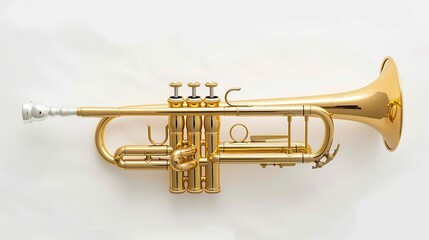 Fototapeta premium A trumpet clipart, brass instrument element, photorealistic, golden hue, isolated on white background