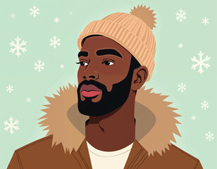 Obraz premium a man wearing a beige beanie hat and a brown sweater with snowflakes falling on green background