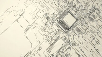 Fototapeta premium Intricate Black and White Circuit Board Design with Geometric Precision, Abstract Technology Sketch