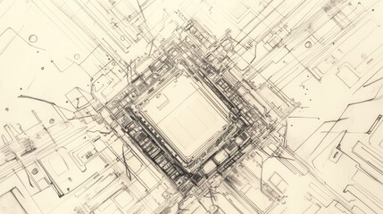 Fototapeta premium Intricate Black and White Circuit Board Design with Geometric Precision, Abstract Technology Sketch