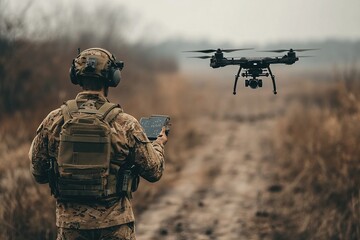 Soldier operating a drone in a field, wearing camouflage gear and helmet, with the drone hovering in the air during a reconnaissance mission