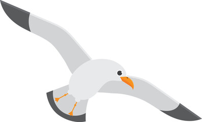 Cartoon illustration of a seagull flying with spread wings, isolated on a white background. Perfect for projects related to nature, birds, or wildlife