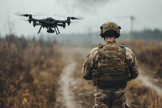 Soldier operating a drone in a field, wearing camouflage gear and helmet, with the drone hovering in the air during a reconnaissance mission