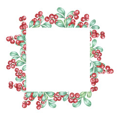 A rectangular frame adorned with red cranberries and green foliage on the top and bottom borders, leaving copy space in the middle. Watercolor clipart frame perfect for holiday cards, menus, or flyers