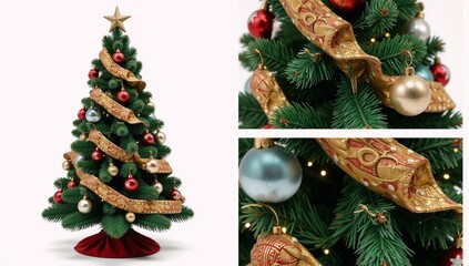 A detailed festive 3D Christmas tree illustrated for holiday decorations