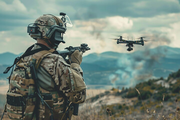 Fototapeta premium Soldier aiming a rifle while controlling a drone during a military operation in a mountainous area with smoke rising in the background