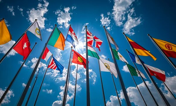 A vibrant display of international flags against a bright blue sky with clouds.