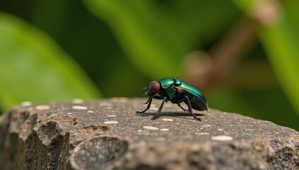 Fototapeta premium A vibrant illustration of an emerald-green fly beetle perched on a rock amidst a natural setting
