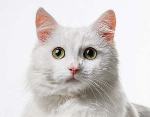 Retrato de un gato blanco mirando a camara sobre fondo blanco