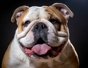 Retrato de un bulldog blanco y marrón con expresion feliz y la lengua fuera aislado sobre un fondo negro