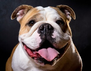 Retrato de un bulldog blanco y marrón con expresion feliz y la lengua fuera aislado sobre un fondo negro
