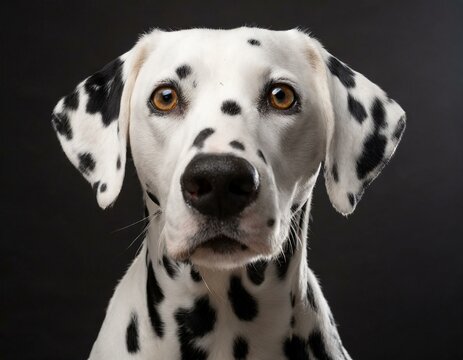 Retrato de un perro de raza dalmata blanco y negro mirando a camara sobre fondo negro