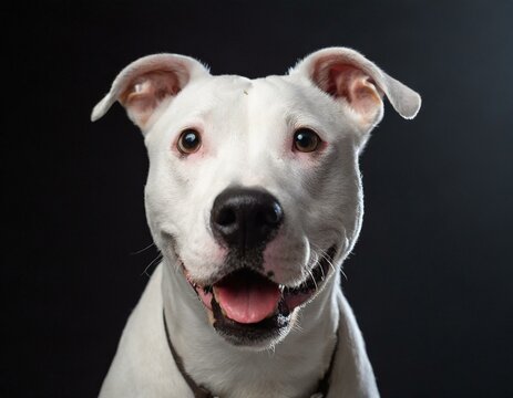 Retrato de estudio de un perro de raza Staffy mirando sorprendido