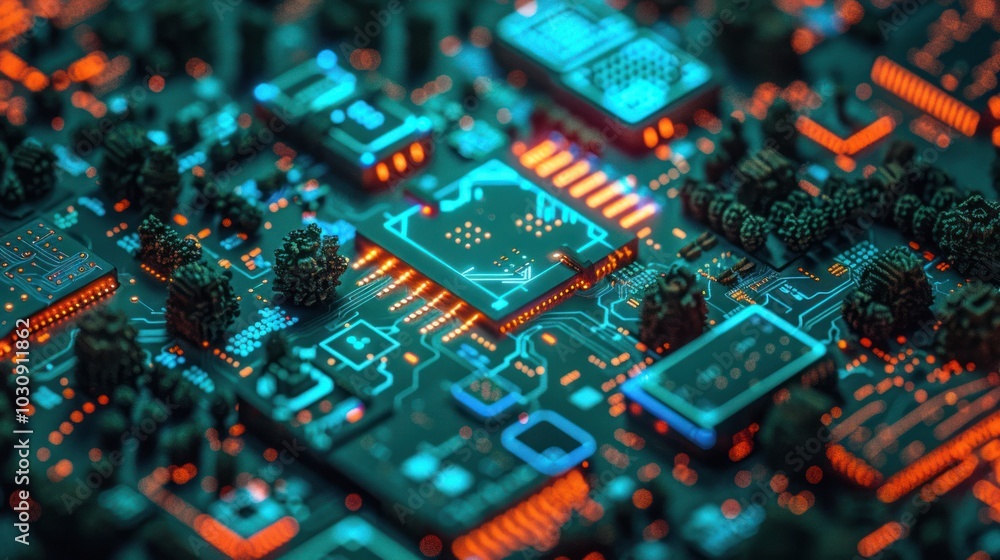 Poster a circuit board landscape with glowing trees and a processor