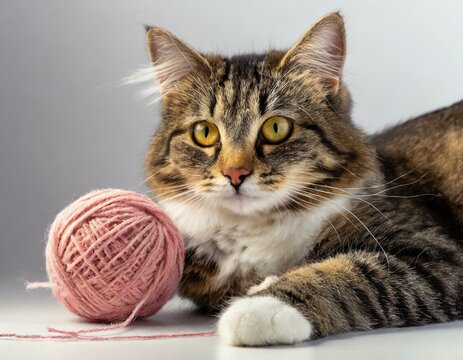 Retrato de un gato atigrado tumbado junto a un ovillo de lana de color rosa