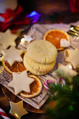 Lemon twinkle Christmas cookies on holiday background