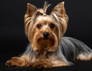 Naklejka premium Retrato de estudio de un Yorkshire terrier tumbado con fondo negro