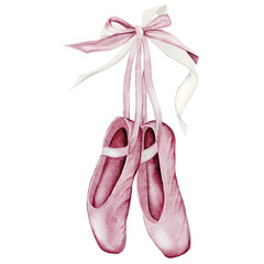 Pointe shoes watercolor. Hand drawn pink ballerina accessories postcard on isolated white background. Clip art of elegant satin ballet shoes with space for name inscription. Ideal card for ballet and © Татьяна Трущелева
