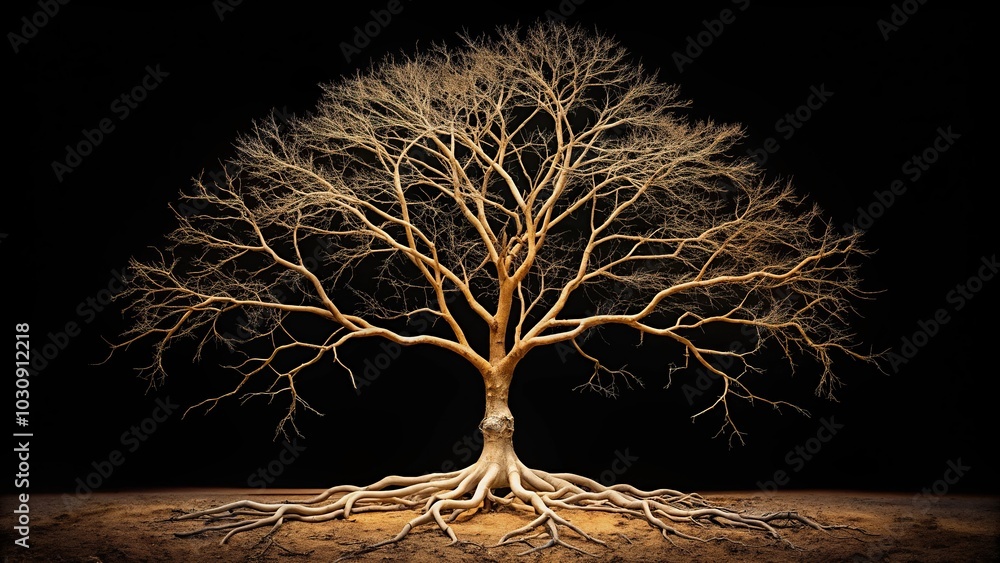 Wall mural dry tree and bare root isolated on black background for ecology point of view