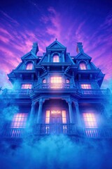 Obraz premium Gothic mansion at twilight with glowing windows and eerie clouds in the sky