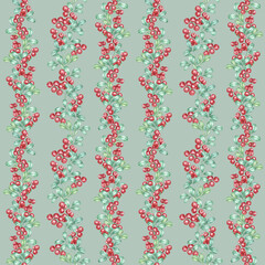 Obraz premium A seamless watercolor pattern of cranberry clusters on a pale teal background. This hand-painted red lingonberry clipart with leaves can be used for custom fabric, packaging designs, or greeting cards