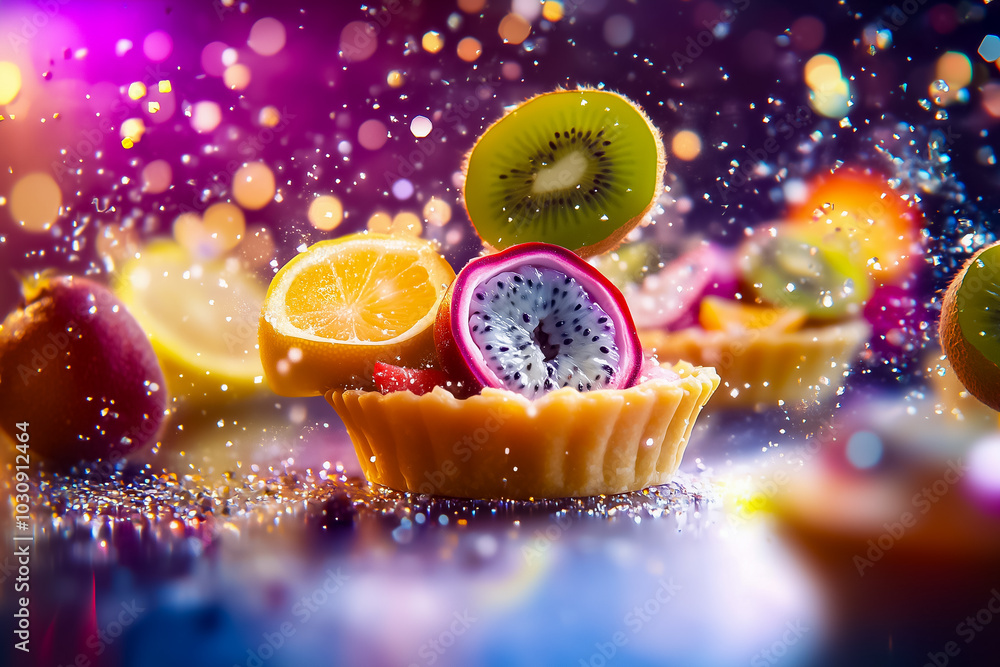 Aufkleber small lemon tarts are topped with colorful slices of kiwi, dragon fruit, and lemon, creating a delic