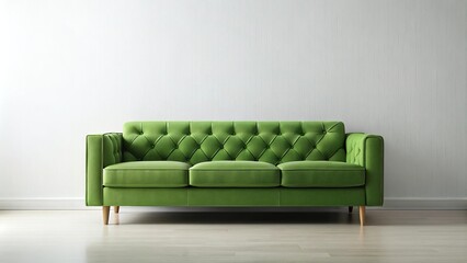 Extreme close-up green sofa mockup with white wall background