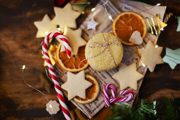 Lemon twinkle Christmas cookies on holiday background