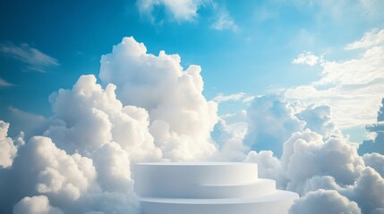 White podium stands against a blue sky, perfect for showcasing products. Empty and elegant, it's ideal for cosmetics or beauty items. Versatile for online marketing