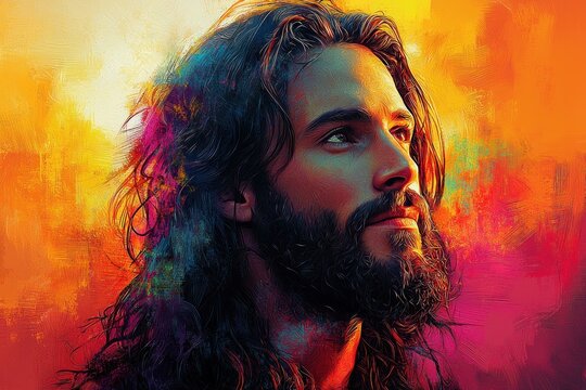 Vibrant artistic portrait of Jesus Christ with a colorful and textured abstract background Generative AI