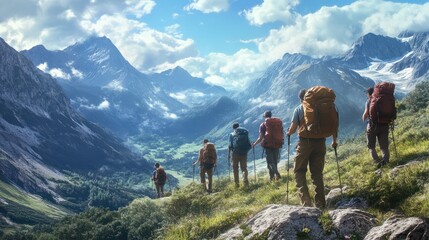Obraz premium group of people hiking up a mountainside