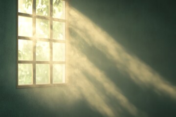 Fototapeta premium Sunlight streaming through window onto wall with greenery shadow