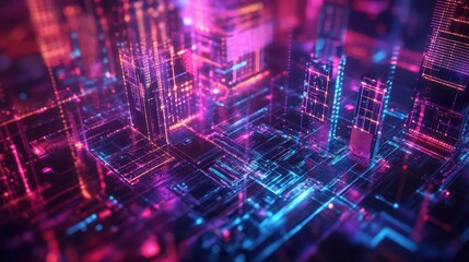 Obraz premium A sleek 3D abstract techno illustration with a mystical database, glowing neon light, and dynamic geometrical elements in a futuristic style.