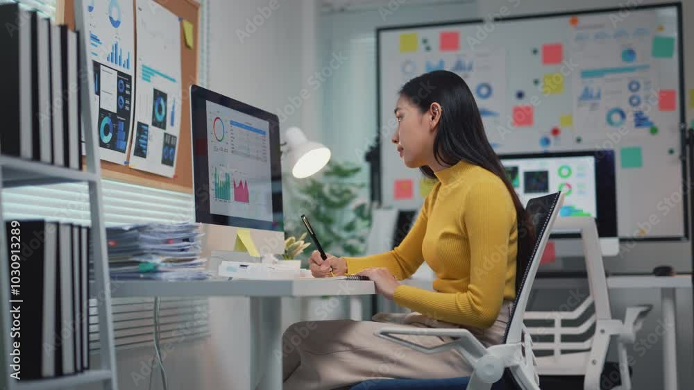 Aufkleber businesswoman deeply analyzing data on computer, taking notes in a modern office setting, surrounded