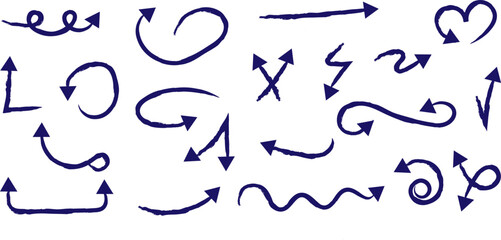 Drawn black arrows in doodle style. Hand drawn texture arrows in different directions on a white background. Vector line illustration. 