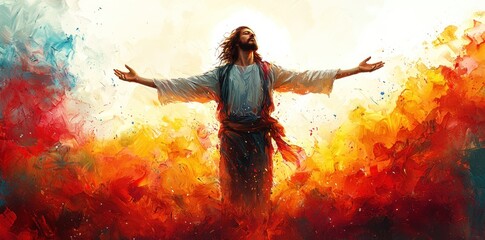 Jesus standing before fiery flames and radiant light in abstract watercolor style with outstretched arms Generative AI