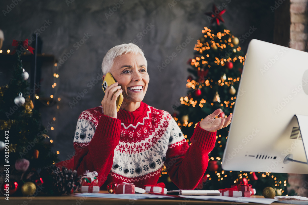 Canvas Prints Portrait of pretty aged woman communicate phone use computer new year xmas garland lights flat indoors