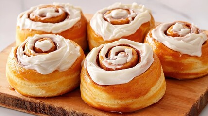 Freshly baked cinnamon rolls topped with creamy icing, arranged beautifully on a wooden board, inviting and delicious.