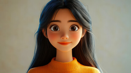 3D Cartoon Asian Woman Smiling with Long Black Hair in Orange Sweater - Happy Expression in Light Background, Young Female Character Concept for Positive Feelings and Emotions