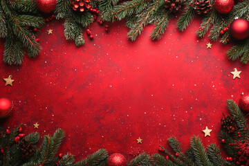Festive red christmas background with pine branches and decorations
