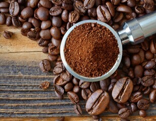 Granos de café y un bol con café molido sobre una mesa de madera