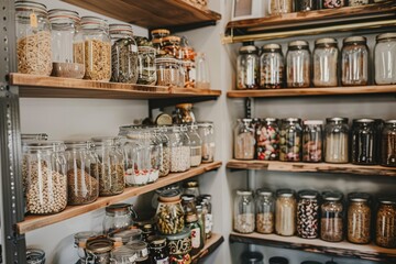 Organized pantry with glass jars and shelves of bulk foods