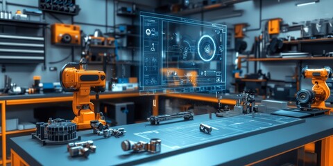 Fototapeta premium AR Training Module with Digital Diagrams Overlayed on Workbench for Technical Task Instructions AR Training Module with Digital Diagrams Overlayed on Workbench for Technical Task Instructions