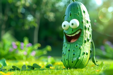 Happy cartoon pickle enjoying sunny garden