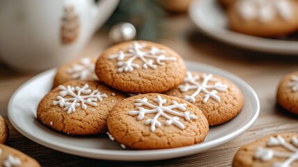 Decoratively iced cookies featuring snowflake designs, arranged on a plate, surrounded by festive decor, perfect for holiday celebrations.
