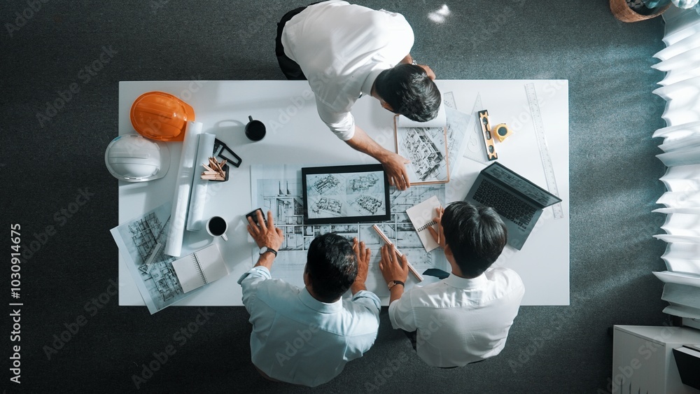 Poster top down view of professional manager look at plan while designer hold blueprint while present proje