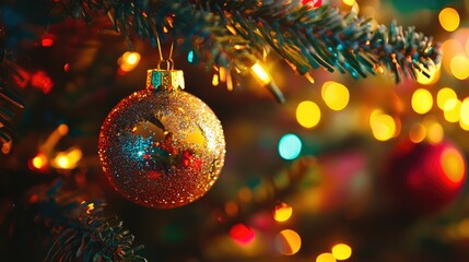 Fototapeta premium Golden glitter Christmas ball on fir tree, garland lights and colorful New Year background. Greeting card with copy space