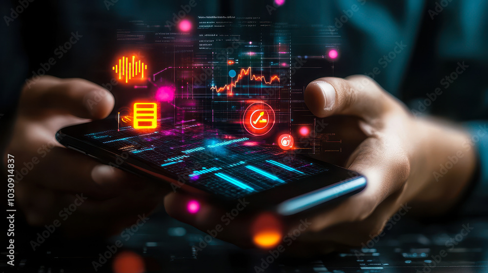 Poster businessman using smartphone for digital marketing and technology applications, financial data analy